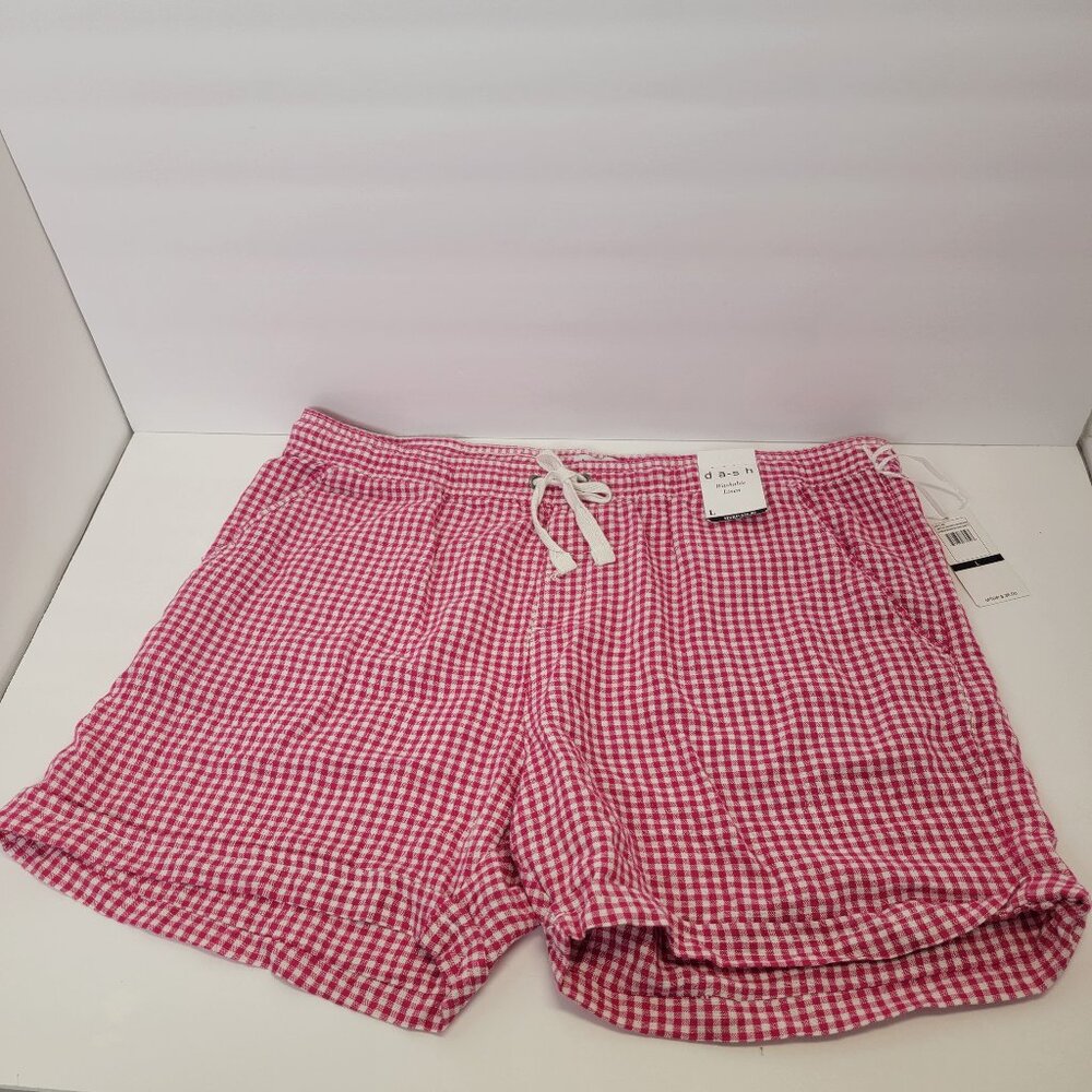 da-sh Womens Pink/White Checkered Washable Linen Drawstring Cuffed Shorts L NWT